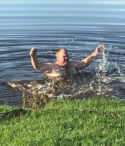 REJOICE: Quorrobolong farmer Geoff Payne recreates his celebratory swim on the Today Show on Tuesday morning.