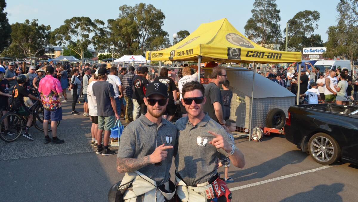 THREE IN A ROW: Brody Nowlan and Josh Pickering after winning their third straight Australian Postie Bike Grand Prix in Cessnock on Sunday. Picture: Krystal Sellars