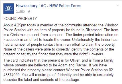 A screenshot of the Hawkesbury Local Area Command's call out on Facebook.