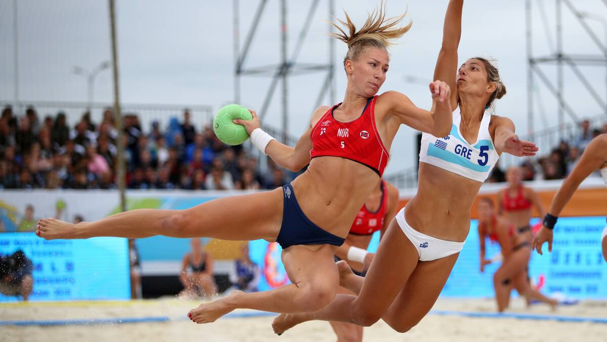 What female athletes have to wear during beach handball matches. Picture: Ilnar Tukhbatov/Getty Images
