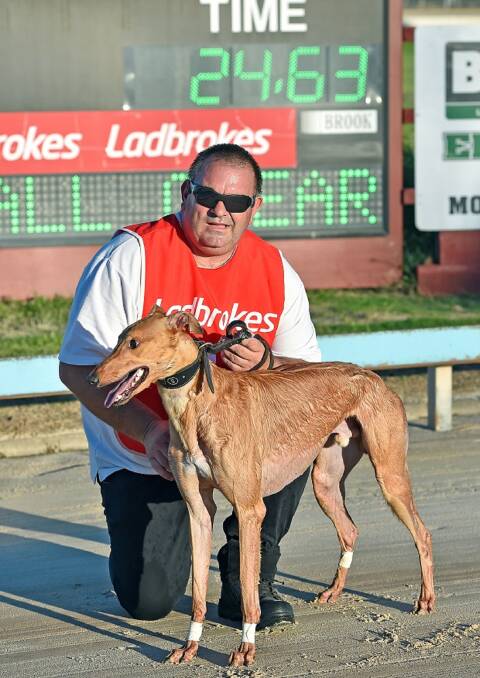 FLYING PROSPECT: Victorian trainer Brett Bravo with his dog Hone In, which set a new 450m record in qualifying for the final of Thursday night's Maitland Gold Cup.