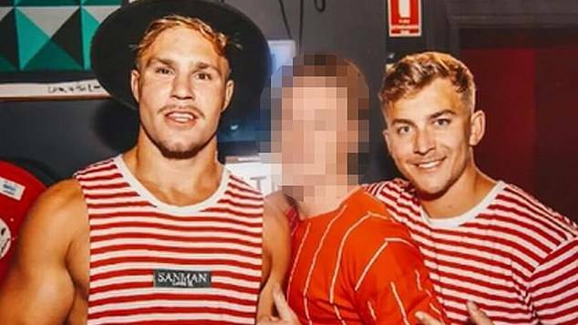 Jack de Belin (left) and Callan Sinclair during the night of the Santa Pub Crawl before they allegedly raped a woman. Picture: Supplied