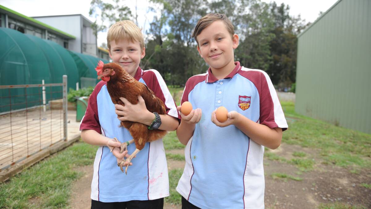 PROUD: Jhett Hemmings and Kye Delmege with Lucy the chook. Picture: Belinda-Jane Davis