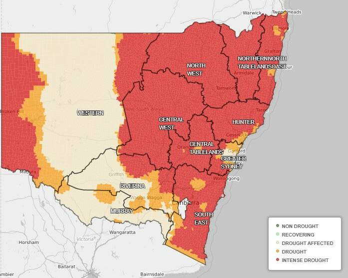 DROUGHT MAP: In NSW 58.9 per cent is in intense drought, 9.8 per cent is in drought and 31 per cent is drought affected according to the Combined Drought Indicator.