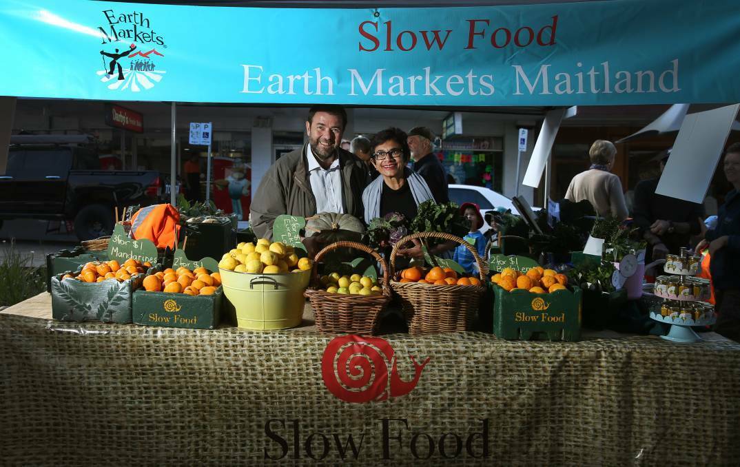 DEDICATED: Slow Food Hunter Valley leader Amorelle Dempster (right) at the Slow Food Earth Market with Slow Food International’s Professor Francesco Sottile. 