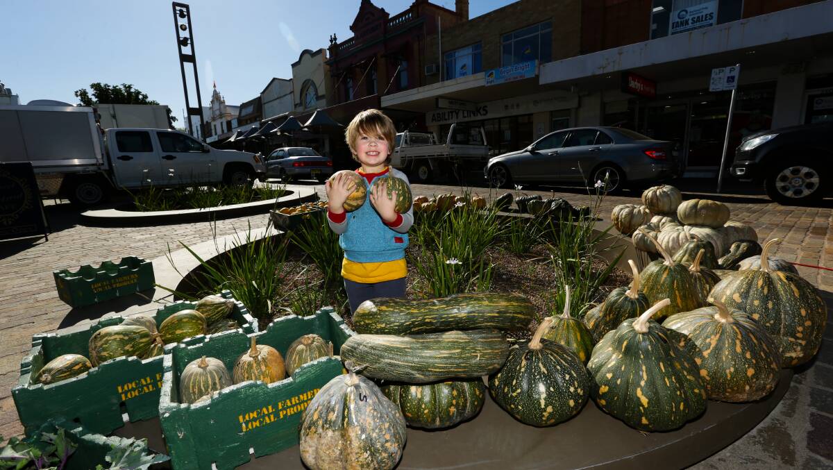 PUMPKIN FEVER: Four-year-old Jimmy Noble with some pumpkins at the Slow Food Earth Markets Maitland. Picture: Jonathan Carroll