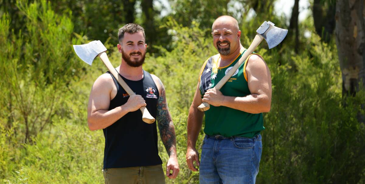 READY TO CHOP: Mitchell and Steven Kirk are preparing to compete in the woodchop event at Maitland Show. Picture: Jonathan Carroll.