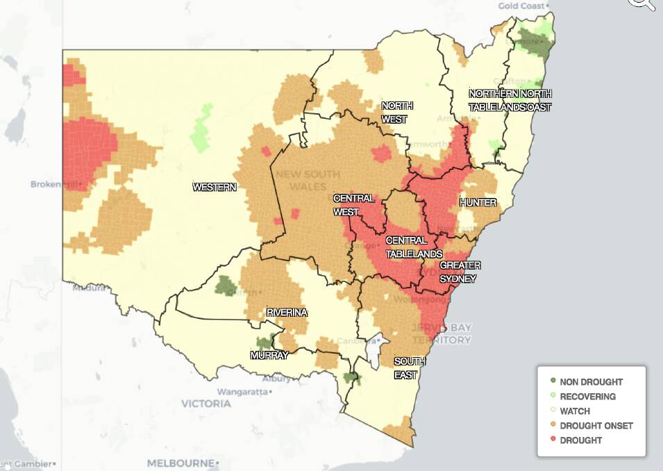 NSW DROUGHT: The Combined Drought Indicator shows 10.7 per cent of the state is in drought, 30.3 per cent is on the onset of drought and 56.9 per cent is borderline. Only 1.1 per cent of the state is not in drought. 
