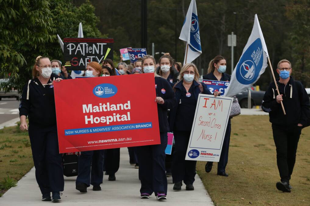 HEAR US: NSW Nurses and Midwives Association Maitland Branch members during a walk out outside the new Maitland Hospital at Metford. Picture: Simone De Peak