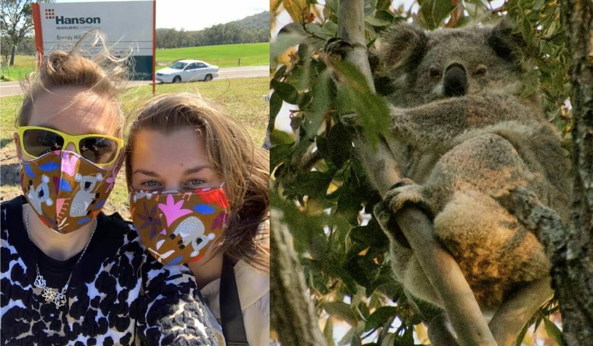 SUPPORT: 30 Days to Save Port Stephens Koalas' Chantal Parslow Redman and Victoria Jack outside the Brandy Hill Quarry, and a female koala found nearby. Pictures: supplied