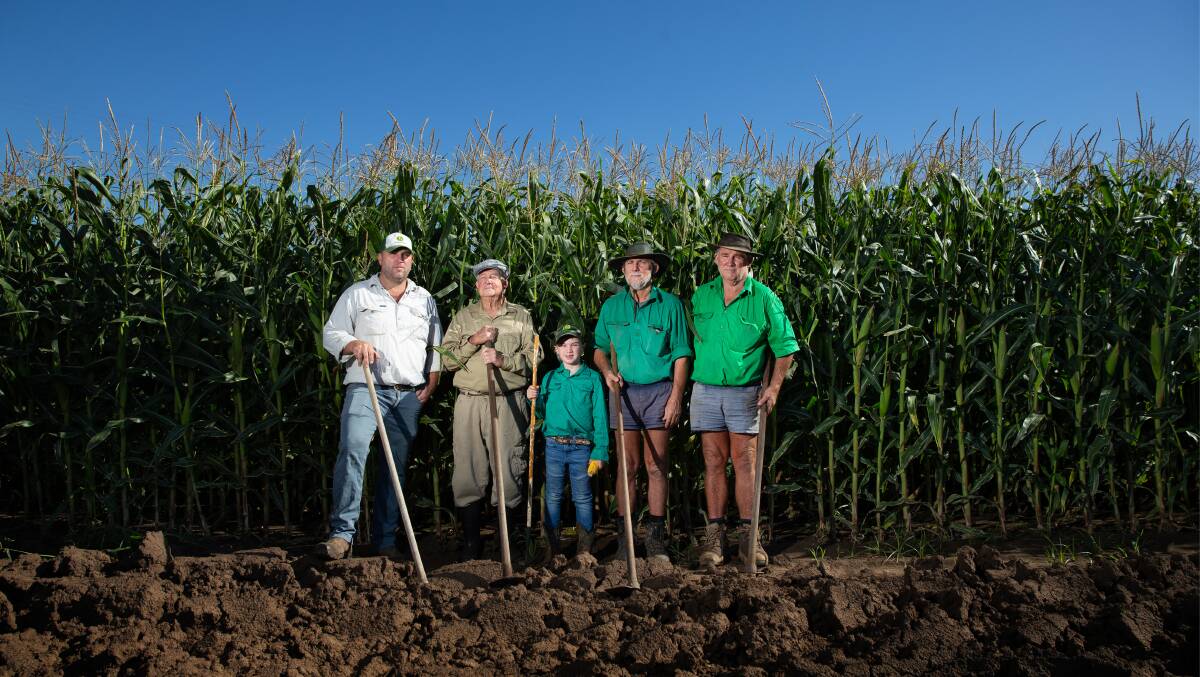 FOUR GENERATIONS: Brahm, Dal, Dallas, Roger and Steve Osborn at their farm in Pitnacree. Picture: Marina Neil