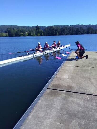FUN: Endeavour Rowing Club president Di McShane with her crew Tracey Wooderson, June Lacey, Gillian Weatherall being sent off by head coach Peter Bond at the State Masters Championships. 
