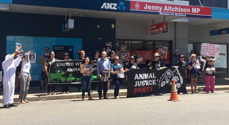 STANDING UP: Animal Rights Party members gathered in Maitland to speak out against caged eggs and the battery hen industry. 