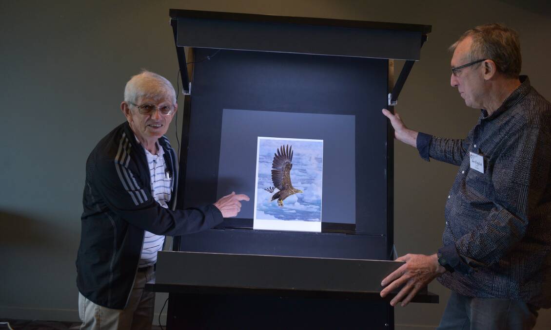 Maitland International Salon of Photography secretary Petro Holowinskyj and president Ian English look at Dany Chan's work Grizzly Feeding on Salmon.