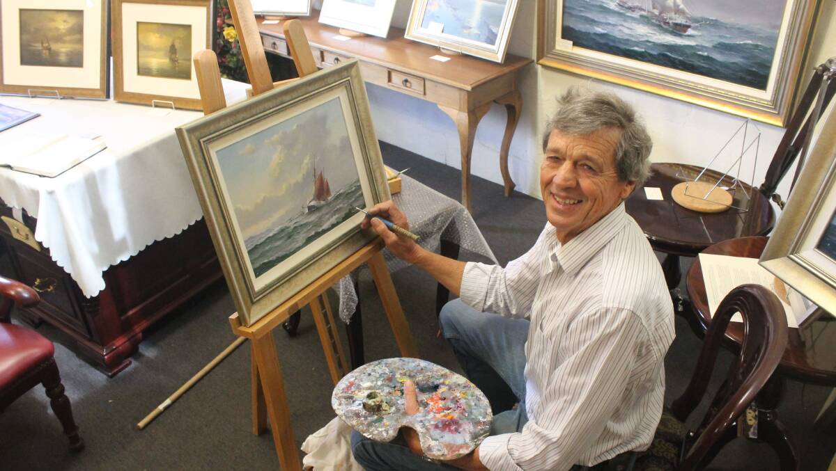 MARINE FOCUS: Artist Ian Hansen with one of the marine-themed paintings that he is known for. 2nd image Stephen Jesic's painting Rendezvous and 3rd image Stephen at his easel.