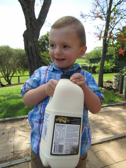 NEW MILK CHAPTER: Jason and Annie Chesworth's son Teddy, 3, with one of the 2L Hunter Belle Dairy Co milk bottles that are now available in Woolworths stores across the Hunter.