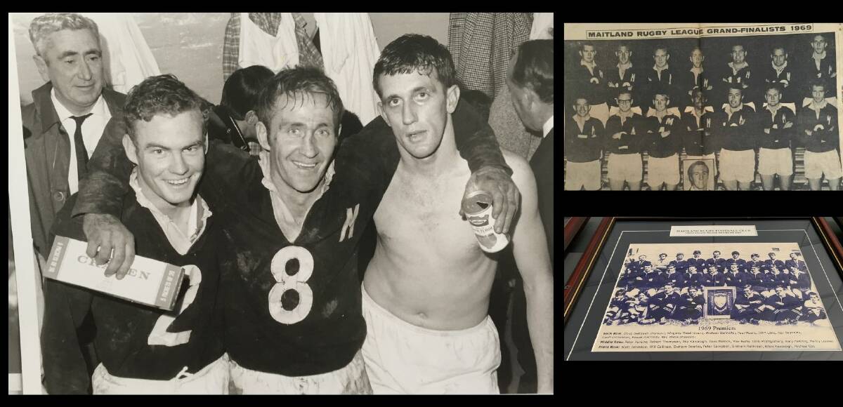 WINNERS: Mick McTernan, Terry Pannowitz and Gary Collins after the Pickers premiership in 1969. Top right the Maitland grand final team and, below right, the Maitland Blacks who also won the premiership, along with the Maitland Magpies that year.