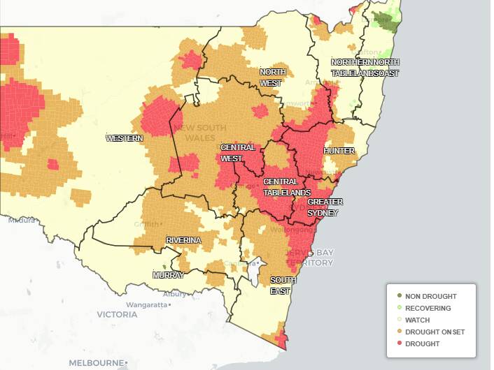 DROUGHT MAP: The Combined Drought Indicator map shows 15.8% of NSW is in drought, 32.9% is at the onset of drought and 50.5% is borderline.