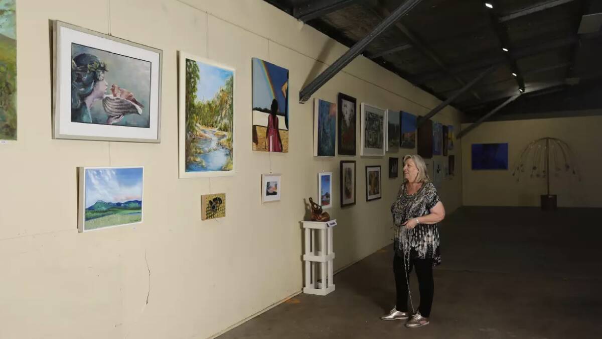 Committee member Bronwyn O'Neill with some of the entries in the 2023 Maitland Art Prize. Pictures by Jonathan Carroll