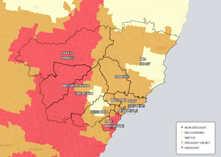 HUNTER DROUGHT: A map of the Hunter shows 40 per cent of the Hunter is in drought, 44 per cent is at the onset of drought and 16 per cent could dip into drought or recover. In the past two months the amount of Hunter land at the onset of drought has more than doubled. Source: Combined Drought Indicator.