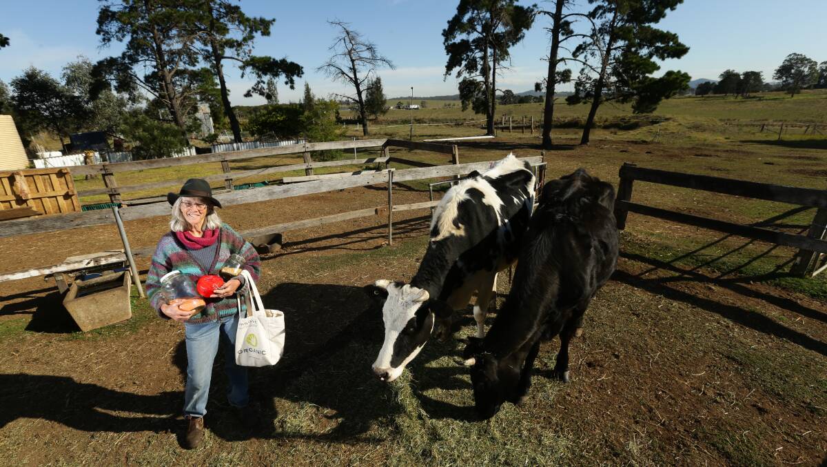 AT IT AGAIN: Kate Beveridge went plastic-free in July 2019 and is doing it again. She is urging others to join her. She is pictured with her two cows Molly and Patches. Picture: Jonathan Carroll. 