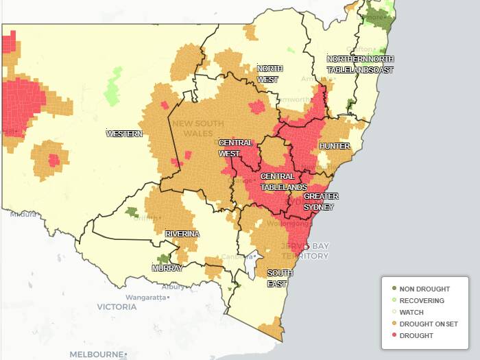 STATE DROUGHT: A map of NSW showing 39 per cent of the state in drought or at the onset of drought, and almost 60 per cent listed as borderline. Source: Combined Drought Indicator.