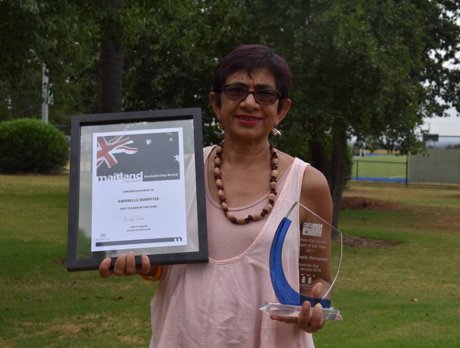 ACCOLADE: Amorelle Dempster, the 2017 Citizen of the Year at Maitland Park with her certificate and trophy. Picture: Betina Hughes. 