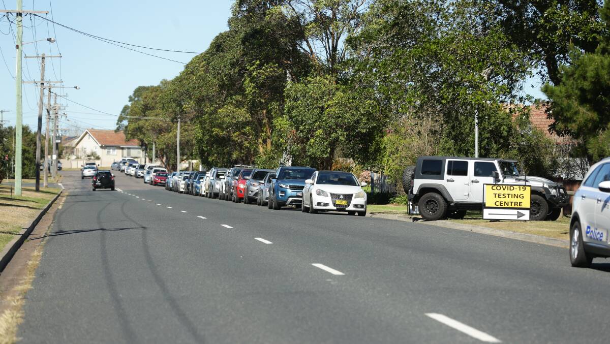 Queue for testing at East Maitland on Thursday. Picture: Jonathan Carroll