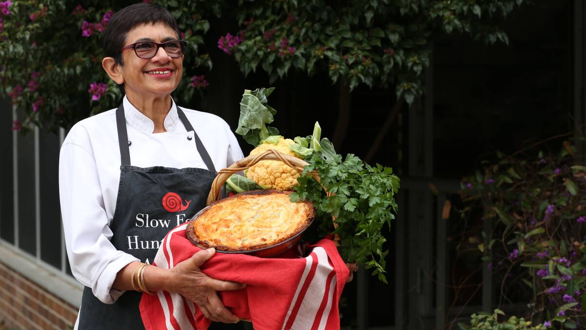 READY, SET, EAT: Slow Food Earth Market Maitland chairwoman Amorelle Dempster with a family pie and some fresh vegetables. Picture: Simone De Peak