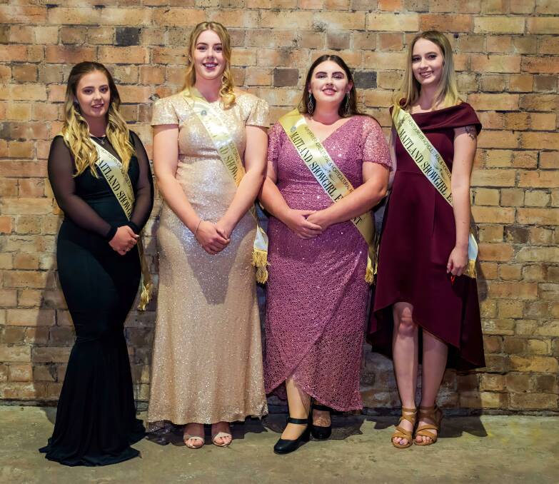 Caitlin Barker, 2023 Maitland Young Woman Kate Mannell, runner-up Caoilfhionn "Caylin" King and Amy Newton at the gala night at Maitland Showground. Picture by Deb Lincoln