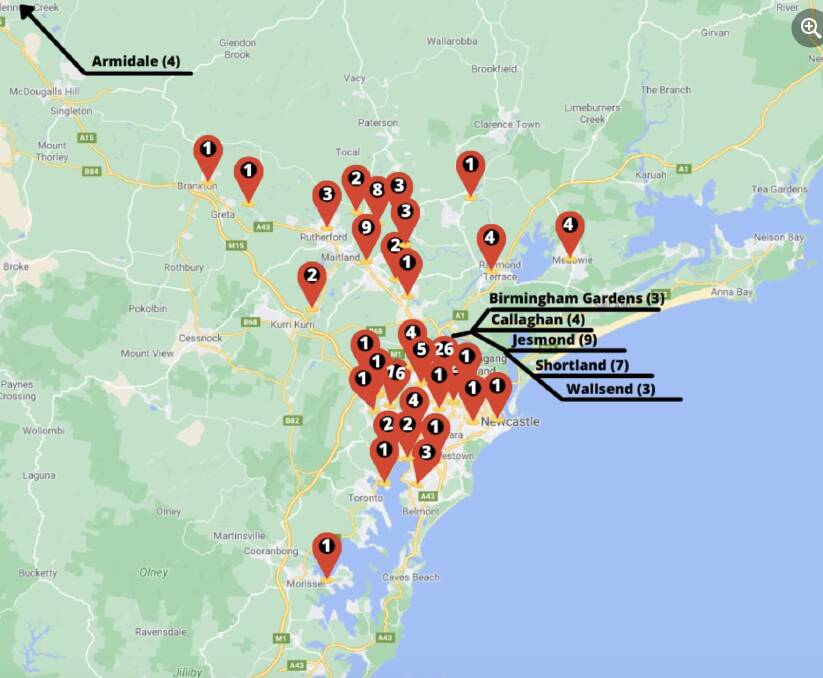 CASES: The map Hunter New England Health has released which shows COVID-19 cases in the Hunter. Picture: Hunter New England Health