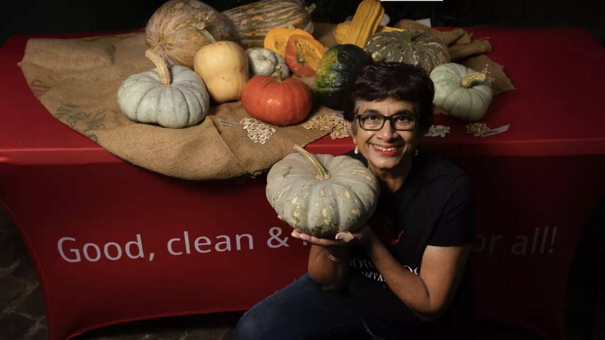 Slow Food Earth Market Maitland chairwoman Amorelle Dempster with a range of pumpkins that are grown in Maitland. Picture by Marina Neil 