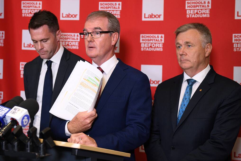 LABOR: NSW Opposition Leader Michael Daley (centre) along with Shadow Minister for Primary Industries Mick Veitch (left) and Shadow Water Minister Chris Minns address media in Sydney. 