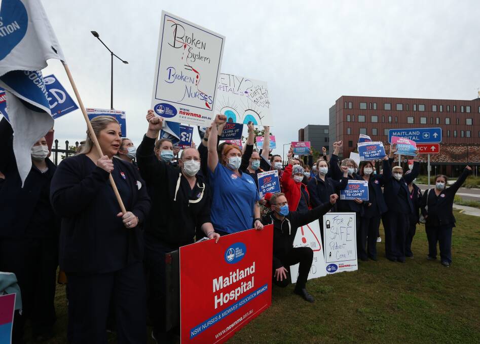 HEAR US: NSW Nurses and Midwives Association Maitland Branch members during a walk out outside the new Maitland Hospital at Metford. Picture: Simone De Peak 