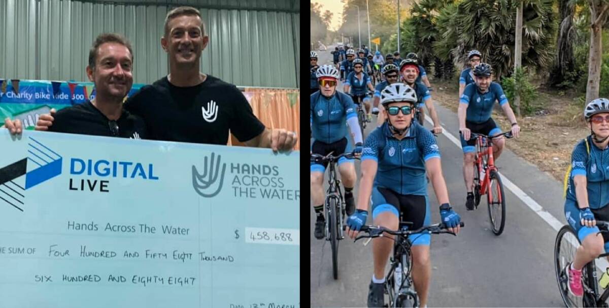 ACHIEVEMENT: Lee Woodward and Chris Henry with the cheque for Hands Across the Water (left) and some of the riders in action (right).