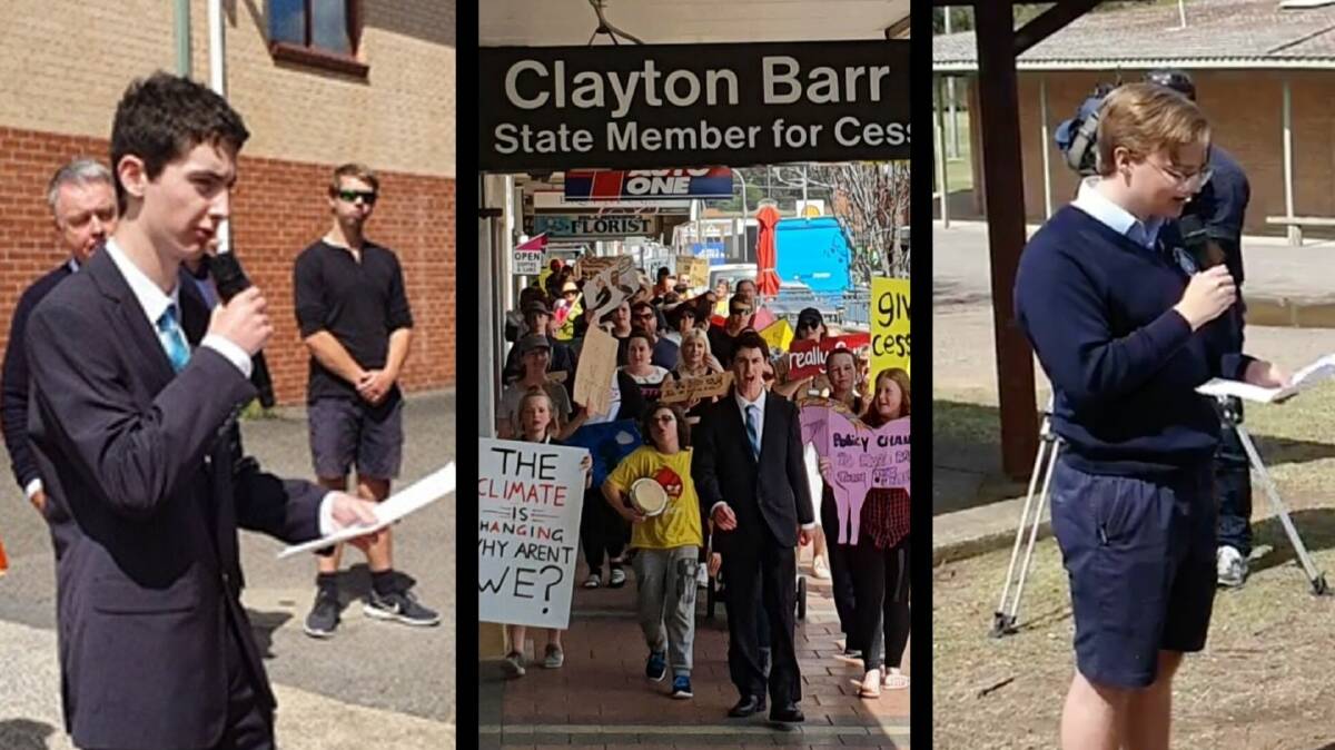 SPEAKING OUT: Maitland Grossmann High School students Callum Campbell (left) and Campbell Knox (right) at the School Strike 4 Climate in Cessnock. The protest in Cessnock (centre).