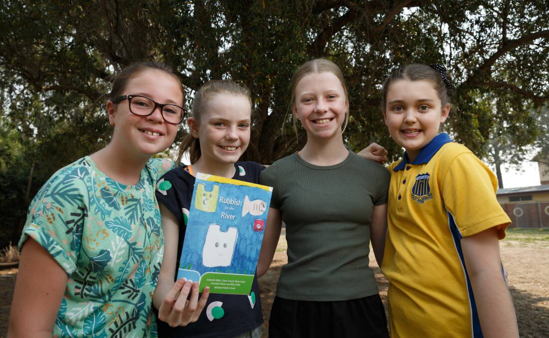 AUTHORS: Maitland Public School students Claire Crouch, Rosie Davis, Gabrielle Wilks and Charlotte Menace. Absent Billy Smith. Picture: Max Mason-Hubers 