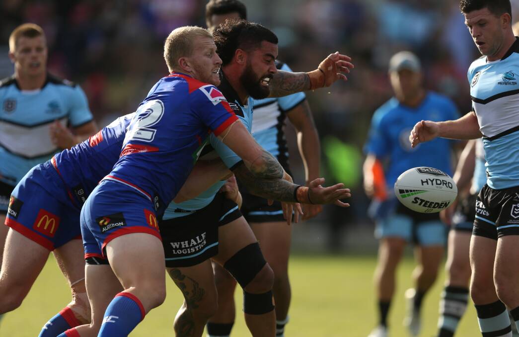 OFFLOAD: Cronulla's Andrew Fifita pops a pass on Saturday. Picture: Marina Neil