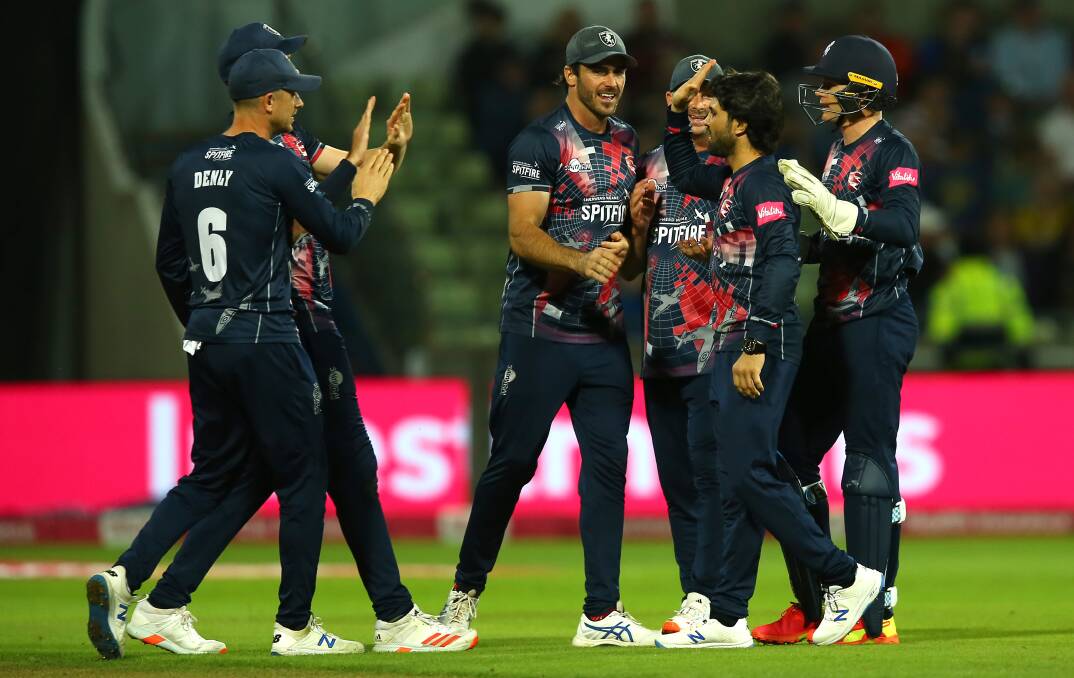 GLORY BOUND: Grant Stewart, centre, and his Kent teammates celebrate a wicket in the Vitality T20 Blast final. Picture: Getty Images 