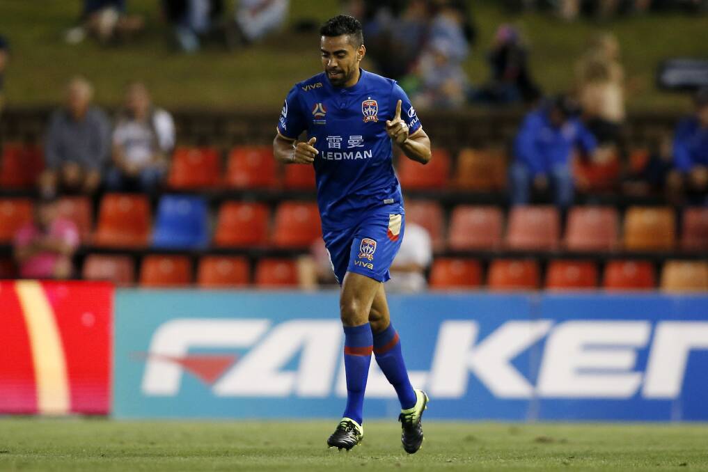 ON FIRE: Brazialian striker Jair celebrates after putting the Newcastle Jets ahead in their stunning 3-1 win over Melbourne City in the at McDonald Jones Stadium on Friday night. Picture: Darren Pateman