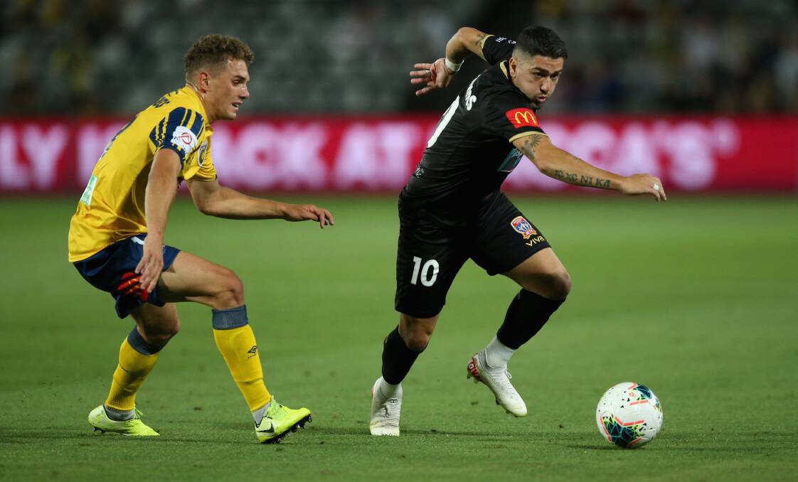 ON TARGET: Dimi Petratos scored wit a penalty retake to earn the Newcastle Jets a 1-all draw with the Mariners at Central Coast Stadium on Saturday night. Picture: Getty Images