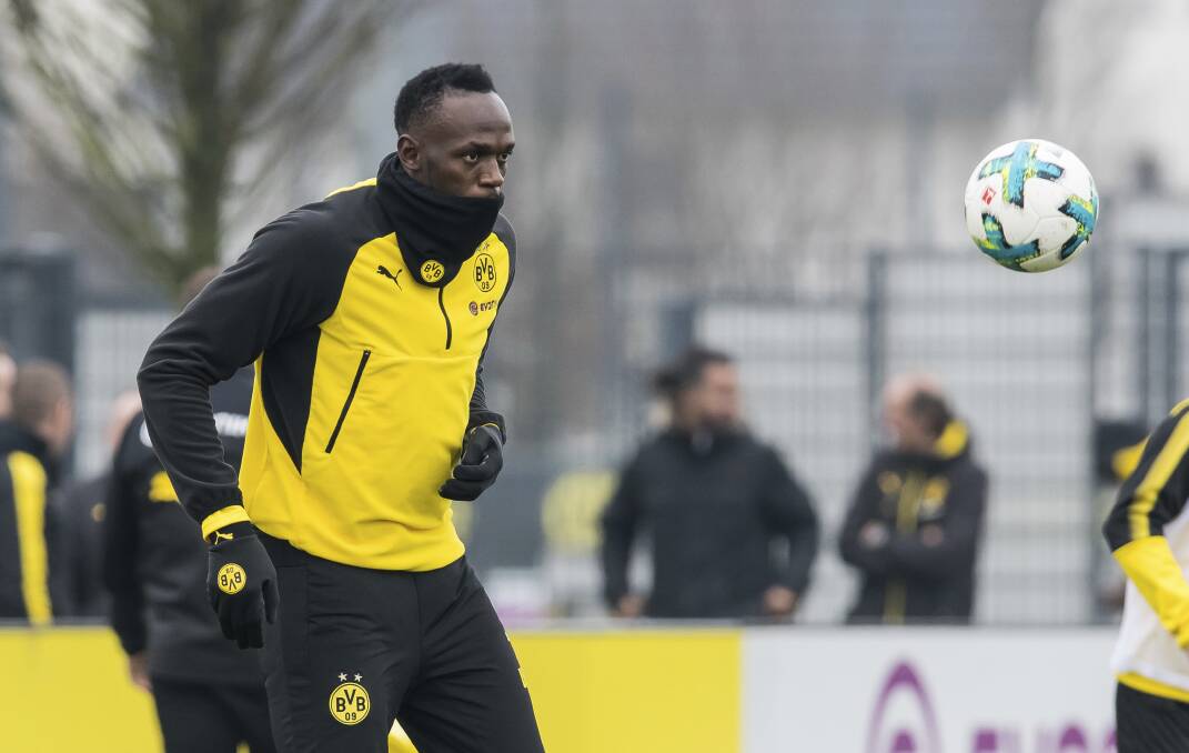 Jamaican sprint king Usain Bolt training with Borussia Dortmund in March.Picture: Guido Kirchner/dpa via AP