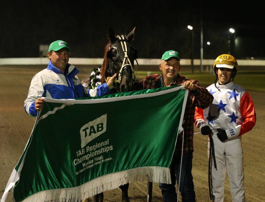 ALL SMILES: Winning trainer Clayton Harmey, his uncle Ron Harmey and driver Jack Callaghan after the final. 
