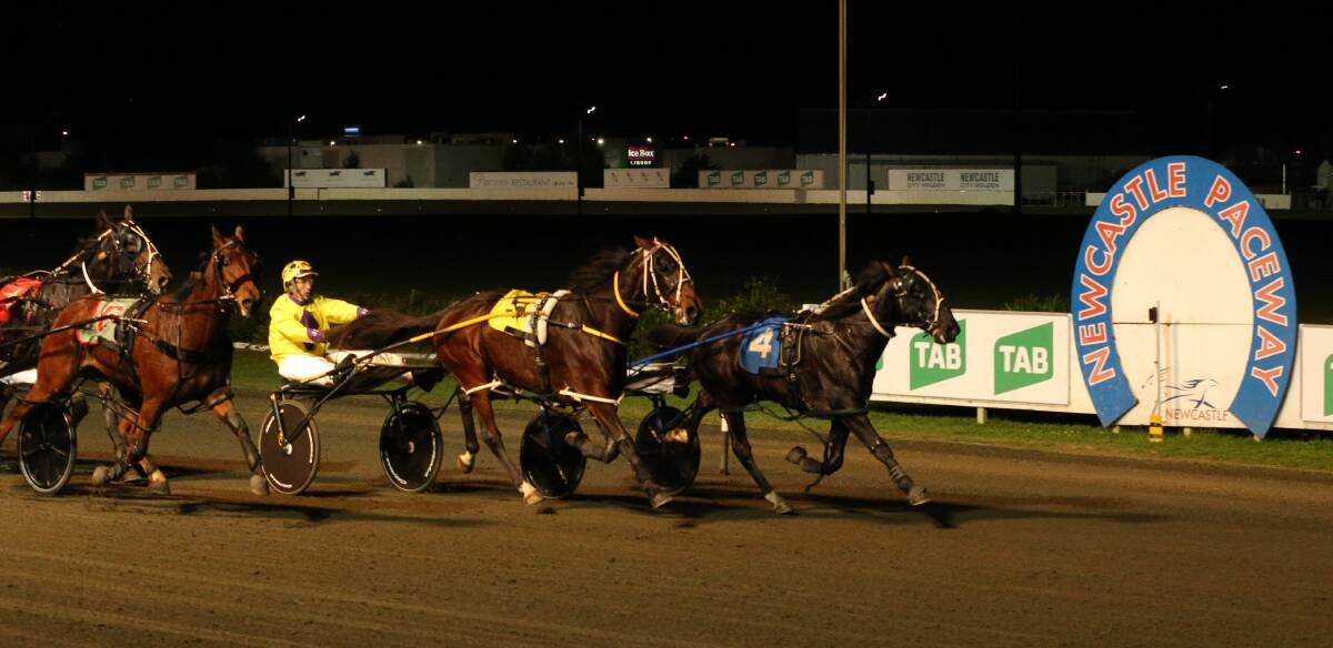 TOUGH: Kanye Crusader, No.4 on the inside, holds on to beat Master Catch in the Hunter Region Championship Final at Newcastle Paceway on Saturday night. Hazelnuts, left, was third. Pictures: Simone De Peak