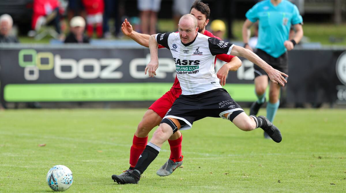 WARRIOR: Mat Swan in action for Maitland in their 2-0 win over Broadmeadow on Sunday. Picture: Max Mason-Hubers