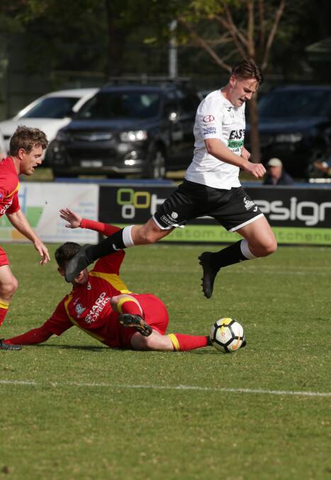 HURDLES: Sean Pratt overcame painful eye surgery to score a crucial goal for Maitland against Edgeworth last weekend in round seven of the NNSW NPL. Picture: Simone De Peak