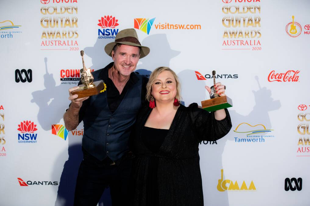 ALL SMILES: Luke O'Shea and Lyn Bowtell won Golden Guitars at the Tamworth Country Music Awards on Saturday for Heritage Song of the Year and Vocal Collaboration of the Year. Picture: Josh Favalaro