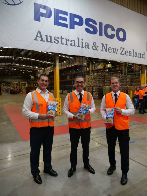 OPEN: PepsiCo ANZ CEO Danny Celoni, South Australian Premier Steven Marshall and Minister of Trade and Investment Stephen Patterson at the launch of the new high capacity baked potato line at the Regency Park facility.