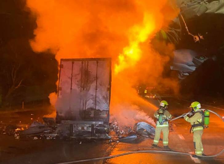  The truck carrying toilet paper went up in flames. Photo: Fire and Rescue NSW 