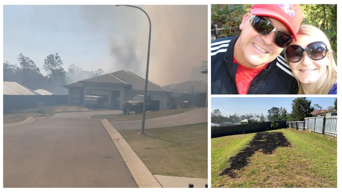 FIRE: The view from the Redden house, Geoff and Lisa Redden and damage caused by a spot fire.